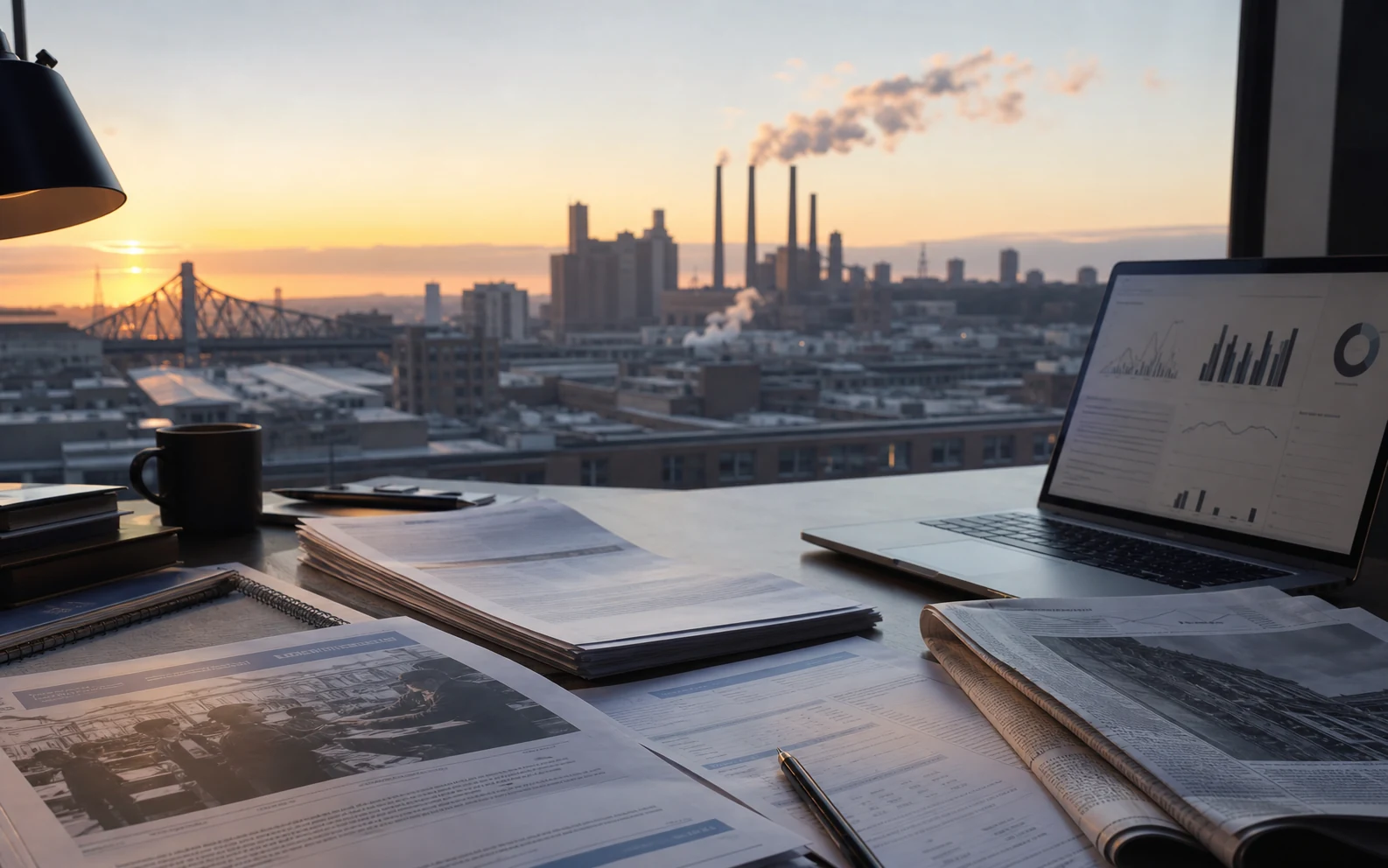 Bureau de veille syndicale : documents et ordinateur portable